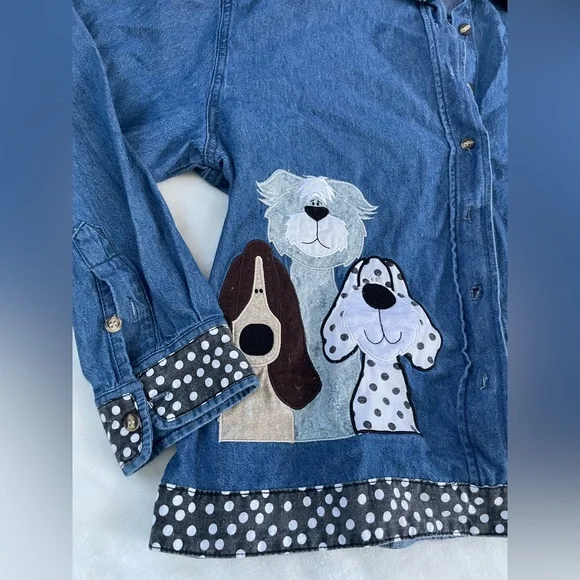 Vintage light Denim Shacket with Dogs and Polka Dots - Picture 2 of 5